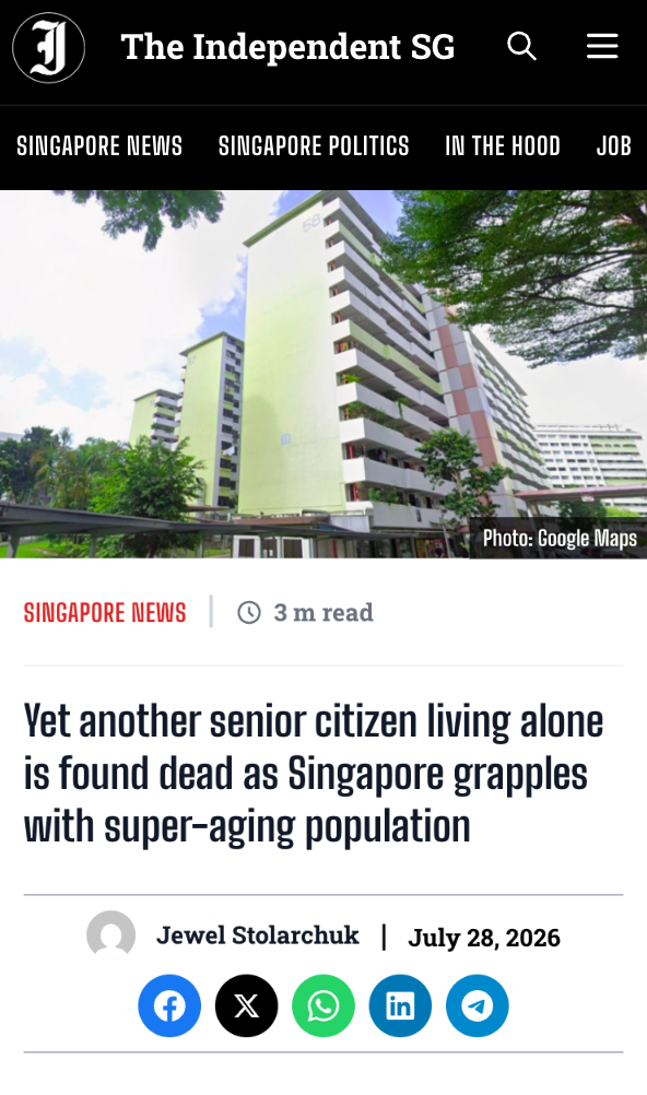 The Independent Singapore article about an elderly resident found dead