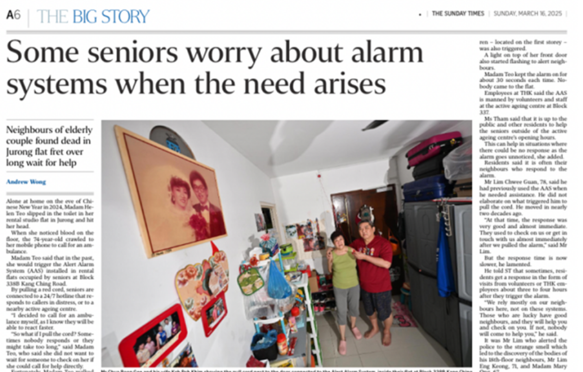 The Sunday Times story about seniors worrying about alarm systems