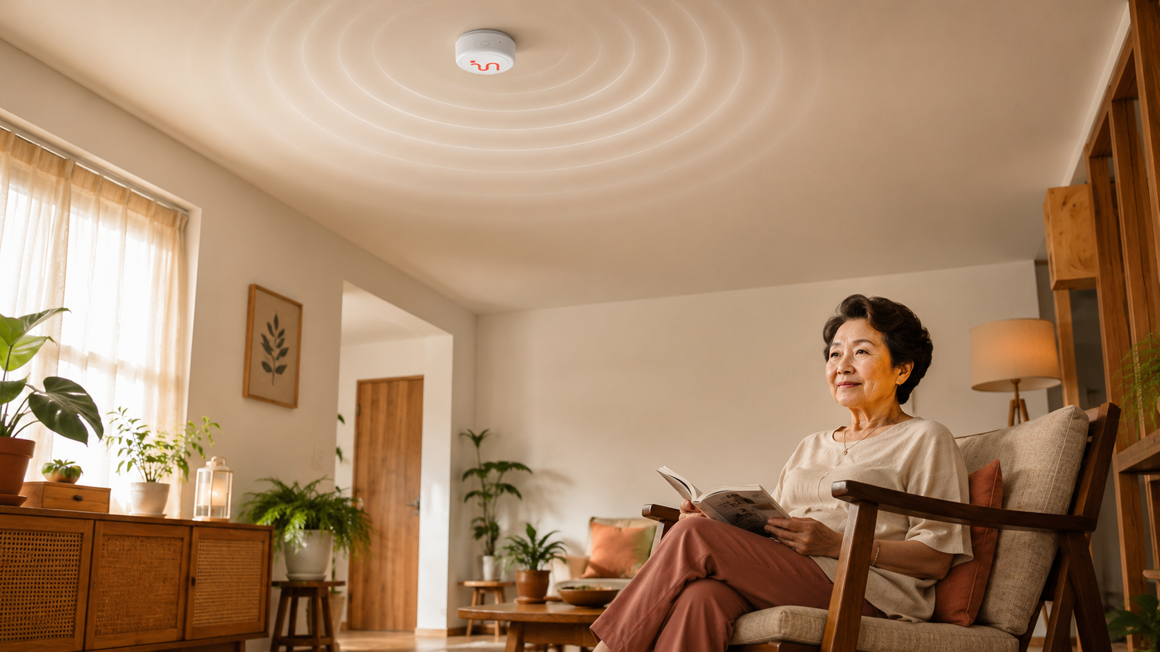 Older woman relaxing safely at home beneath a POM sensor